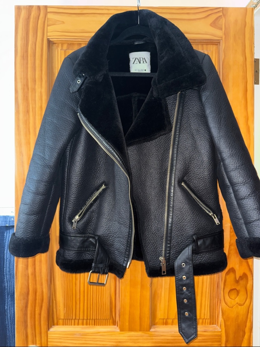 Zara Black Faux Shearling Moto Jacket with Silver Hardware